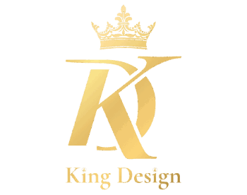 King Design logó: csillogó arany KD monogram és King Design felirat
