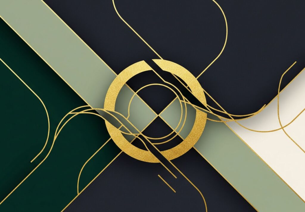 Absztrakt kompozíció, ami az egyedi grafikai tervezést és márkaépítést szimbolizálja elegáns geometriai formákkal, smaragdzöld, antracit és arany színekkel – King Design szolgáltatás.