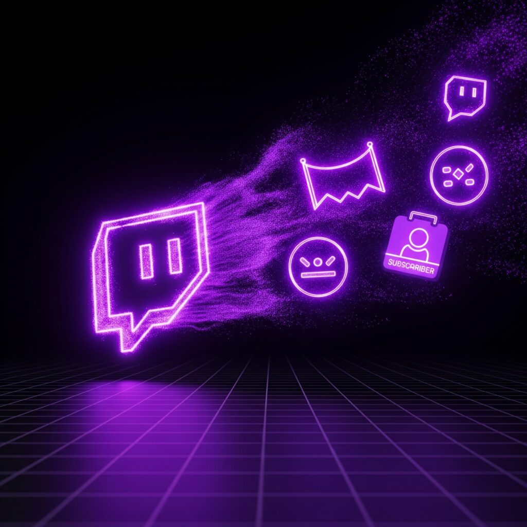 Komplett Twitch design csomag: egy lila, világító Twitch logó ikonból részecskékre robbanva jelennek meg kisebb ikonok (banner, emote, jelvény), a teljes körű arculattervezési szolgáltatást illusztrálva.