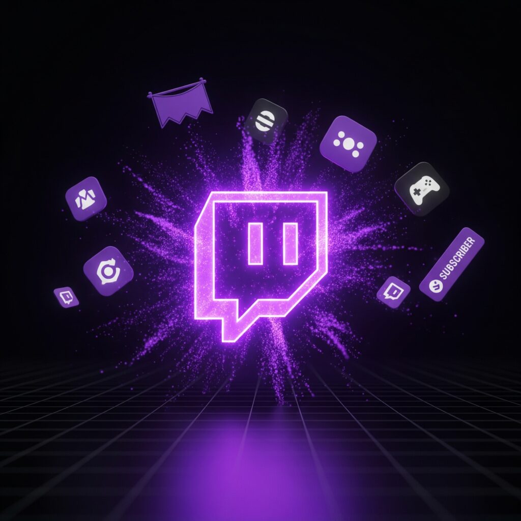 Komplett Twitch design csomag: egy lila, világító Twitch logó ikonból részecskékre robbanva jelennek meg kisebb ikonok (banner, emote, jelvény), a teljes körű arculattervezési szolgáltatást illusztrálva.