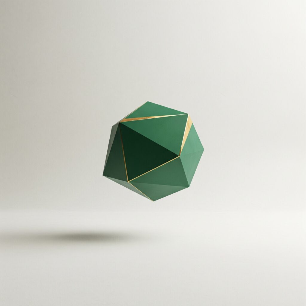 Minimalista design koncepció: egyetlen elegáns, smaragdzöld geometriai forma arany díszítéssel, tágas krémfehér háttéren – King Design stíluskalauz.