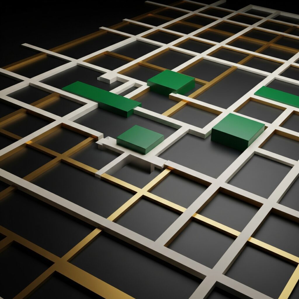 A modern design geometrikus struktúrája: absztrakt, aszimmetrikus rácsrendszer, ami a stabilitást és a merész elrendezést illusztrálja.