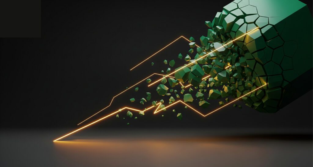 Modern és merész design koncepció: dinamikus, absztrakt kompozíció smaragdzöld geometriai formákkal és arany vonalakkal, ami az energiát és a formabontást szimbolizálja.
