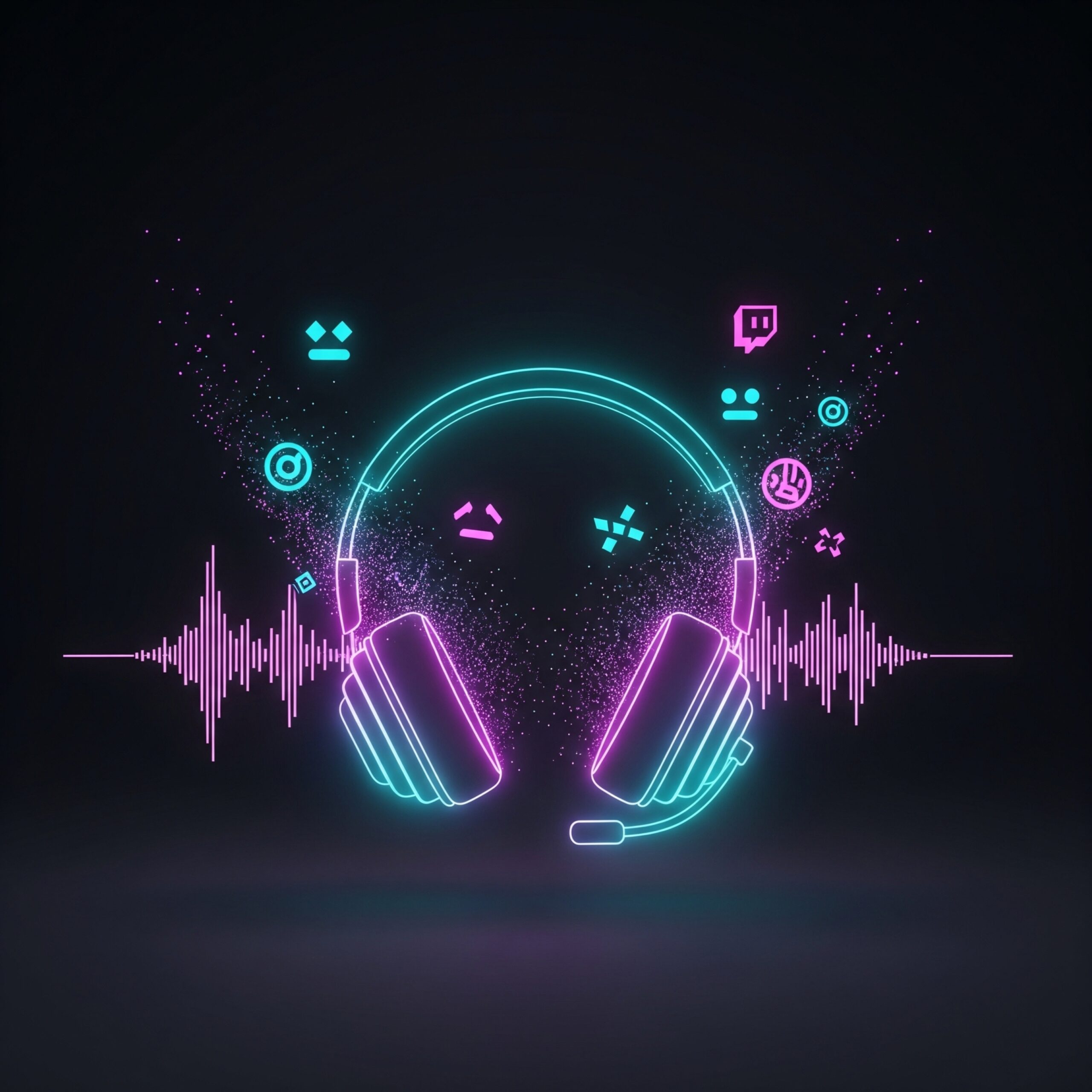 Egyedi Twitch streamer arculattervezés: stilizált, világító gamer headset lila és cián fényekkel, a King Design szolgáltatását szimbolizálva.